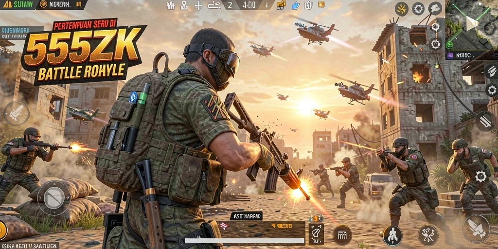 Gameplay seru dalam 555ZK dengan pertempuran Battle Royale yang mendebarkan.