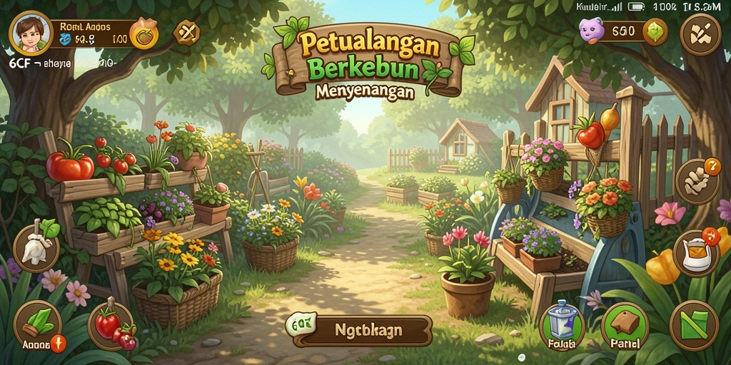 Screenshot gameplay 6CF menampilkan aktivitas berkebun yang seru dan interaktif.