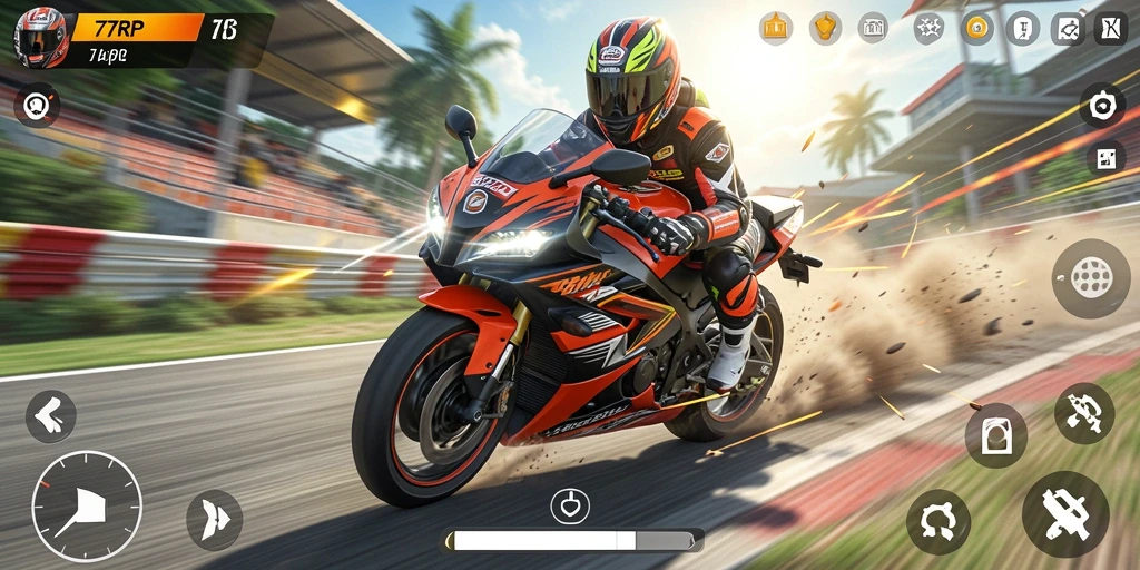 Screenshot gameplay 77RP yang menunjukkan balapan motor yang mendebarkan.
