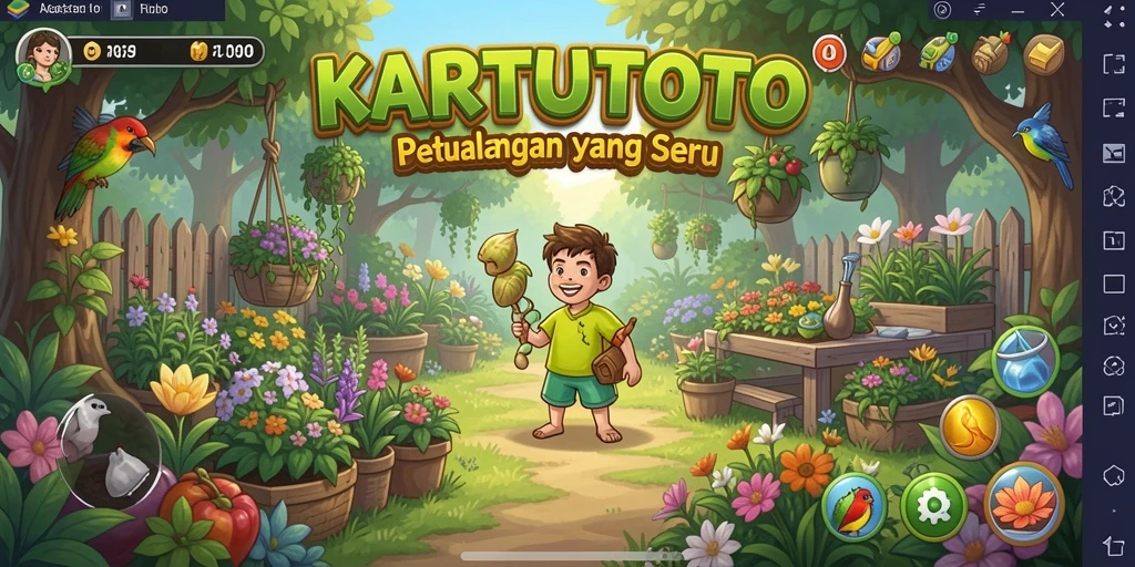 Tampilan gameplay KARTUTOTO dengan desain kebun yang cantik.