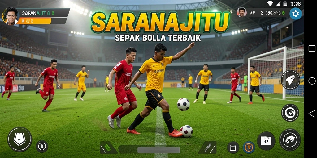 Tangkapan layar SARANAJITU menunjukkan aksi bermain sepak bola yang mendebarkan.