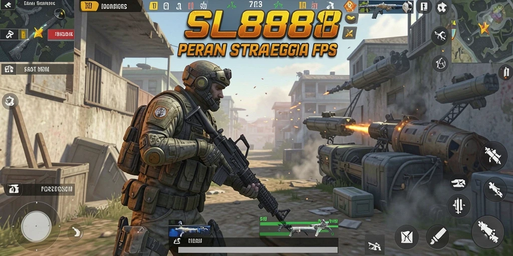 Tangkapan layar utama dari SL888 menunjukkan aksi gameplay FPS yang mendebarkan.