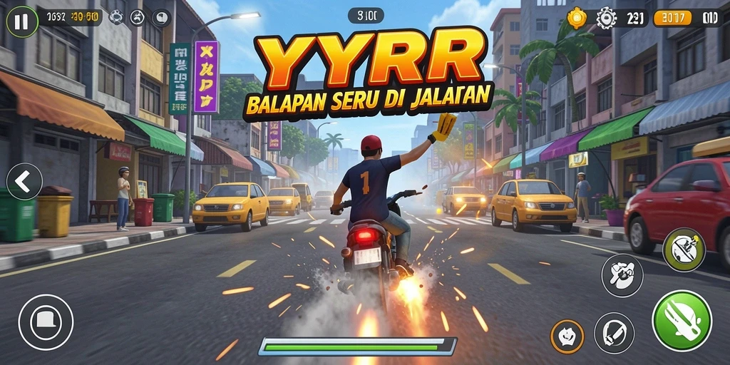 Tangkapan layar gameplay balapan YYRR yang menarik dengan kendaraan bertenaga.